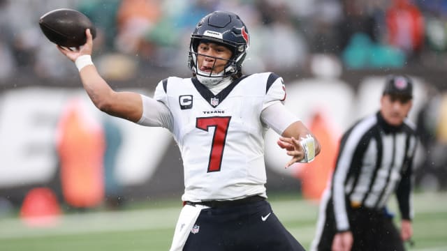 Dec 10, 2023; East Rutherford, New Jersey, USA; Houston Texans quarterback C.J. Stroud (7) throws a pass during the second half against the New York Jets at MetLife Stadium. Mandatory Credit: Vincent Carchietta-USA TODAY Sports